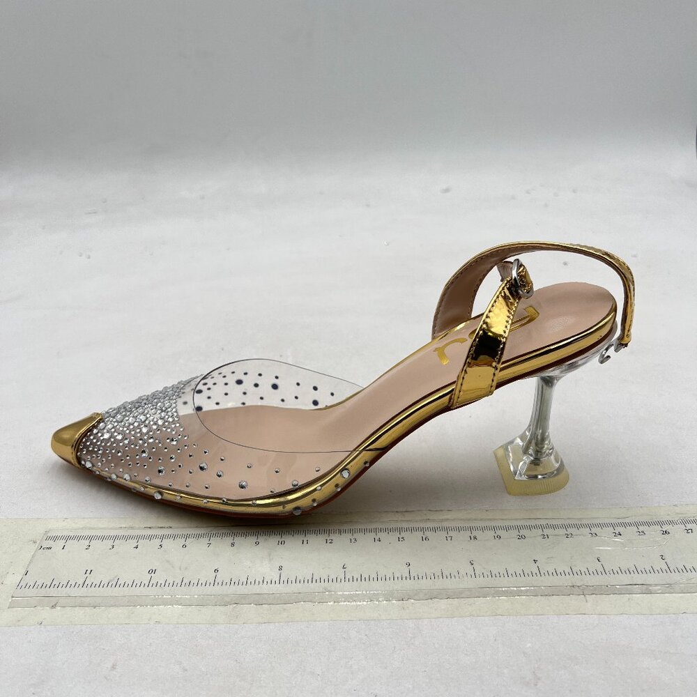 FSJ Gold Rhinestones Transparent Slingback Clear Heels Pumps Pointed Toe Sandals